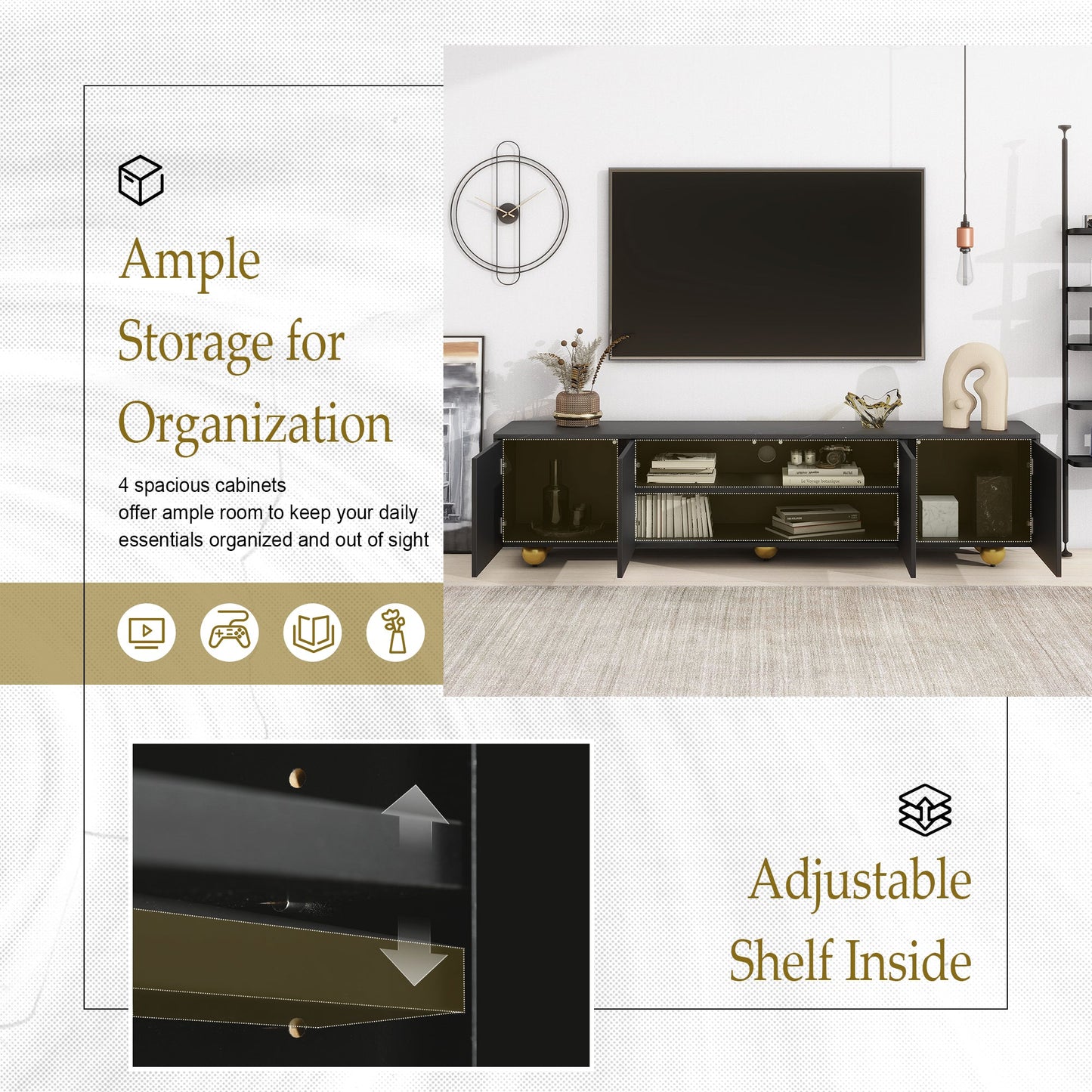 U-Can modern TV stand is suitable for TVs under 75 inches and comes with a storage cabinet top marble pattern and circular stand - Korvel