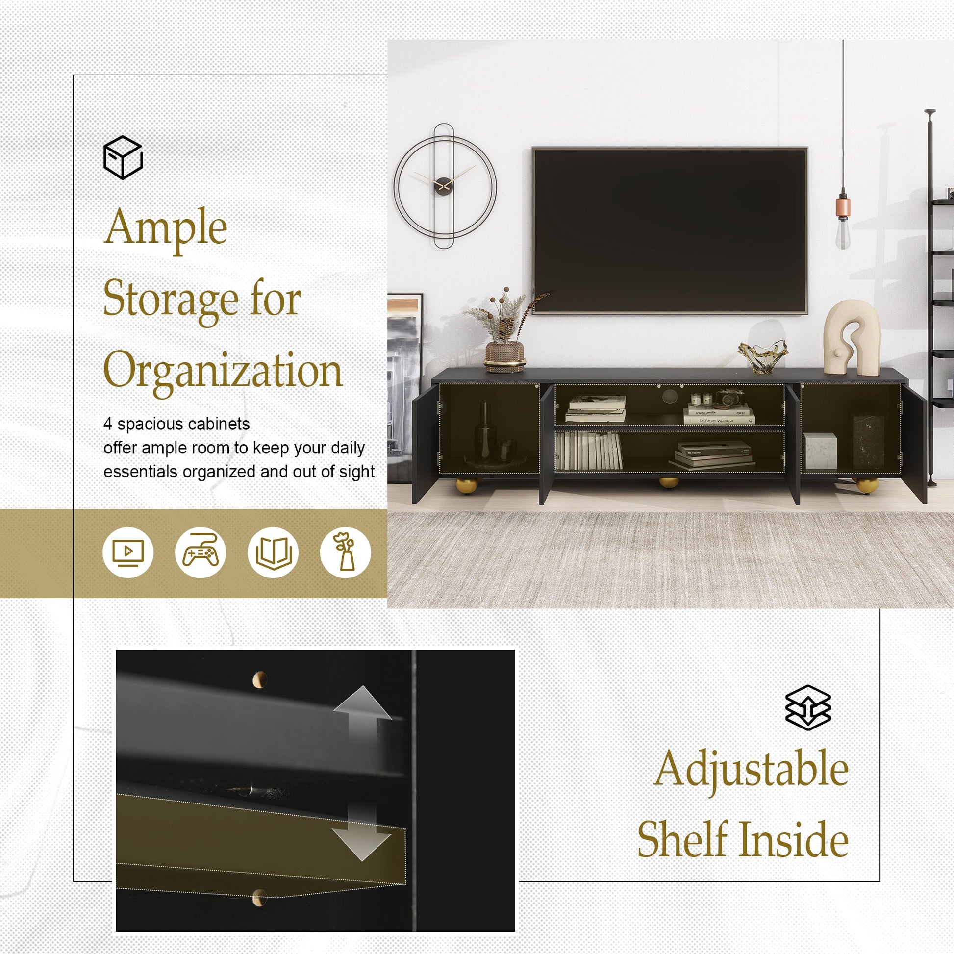 U-Can modern TV stand is suitable for TVs under 75 inches and comes with a storage cabinet top marble pattern and circular stand - Korvel