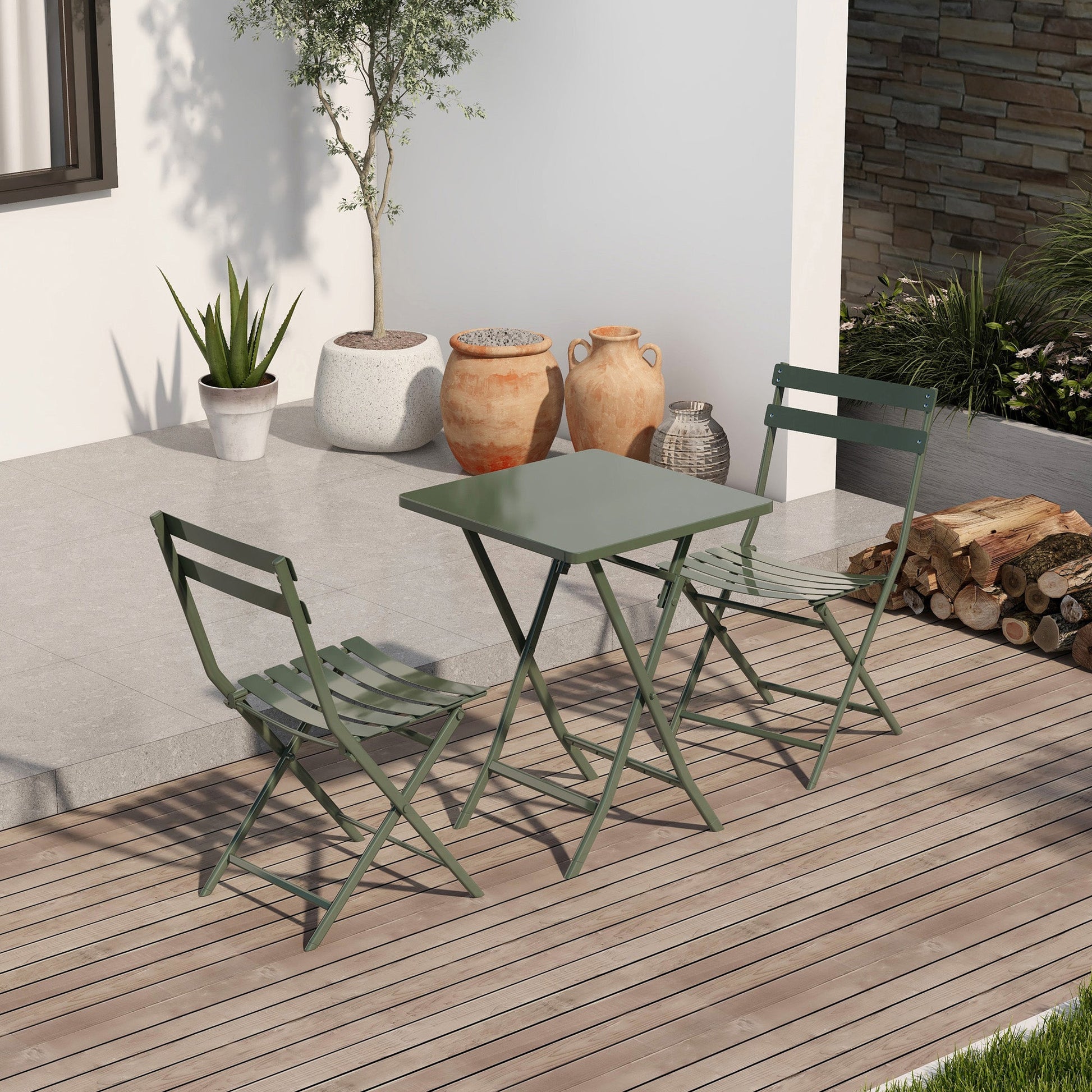 3 Piece Patio Bistro Set of Foldable SquareTable and Chairs, Dark Greem - Korvel
