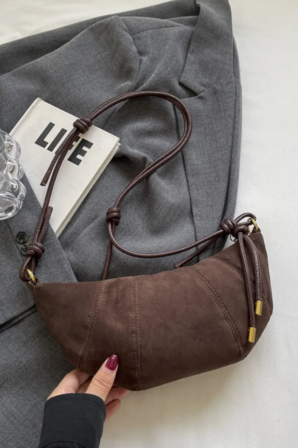 PU Leather Strap Suede Shoulder Bag - Korvel
