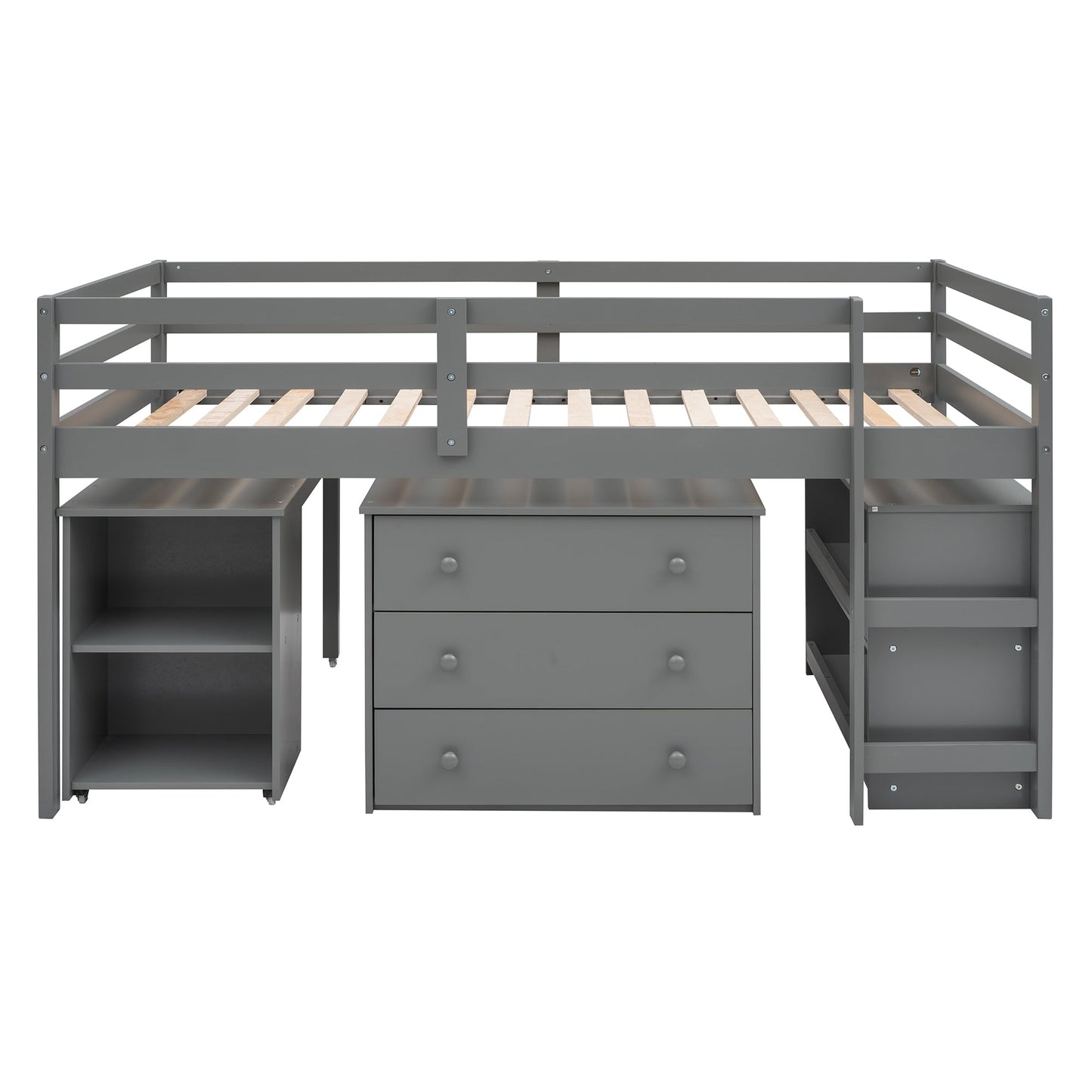 Low Study Twin Loft Bed with Cabinet and Rolling Portable Desk - Gray (OLD SKU :LP000113AAE) - Korvel