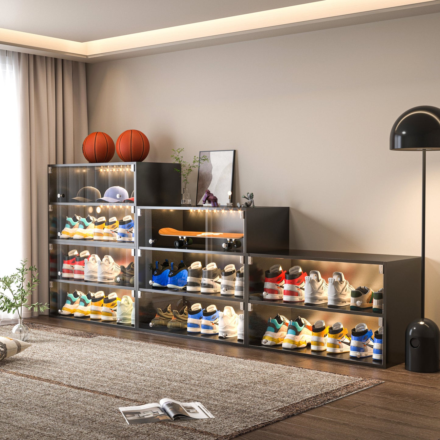 Black Glass Door Shoe Box Shoe Storage Cabinet For Sneakers With RGB Led Light - Korvel