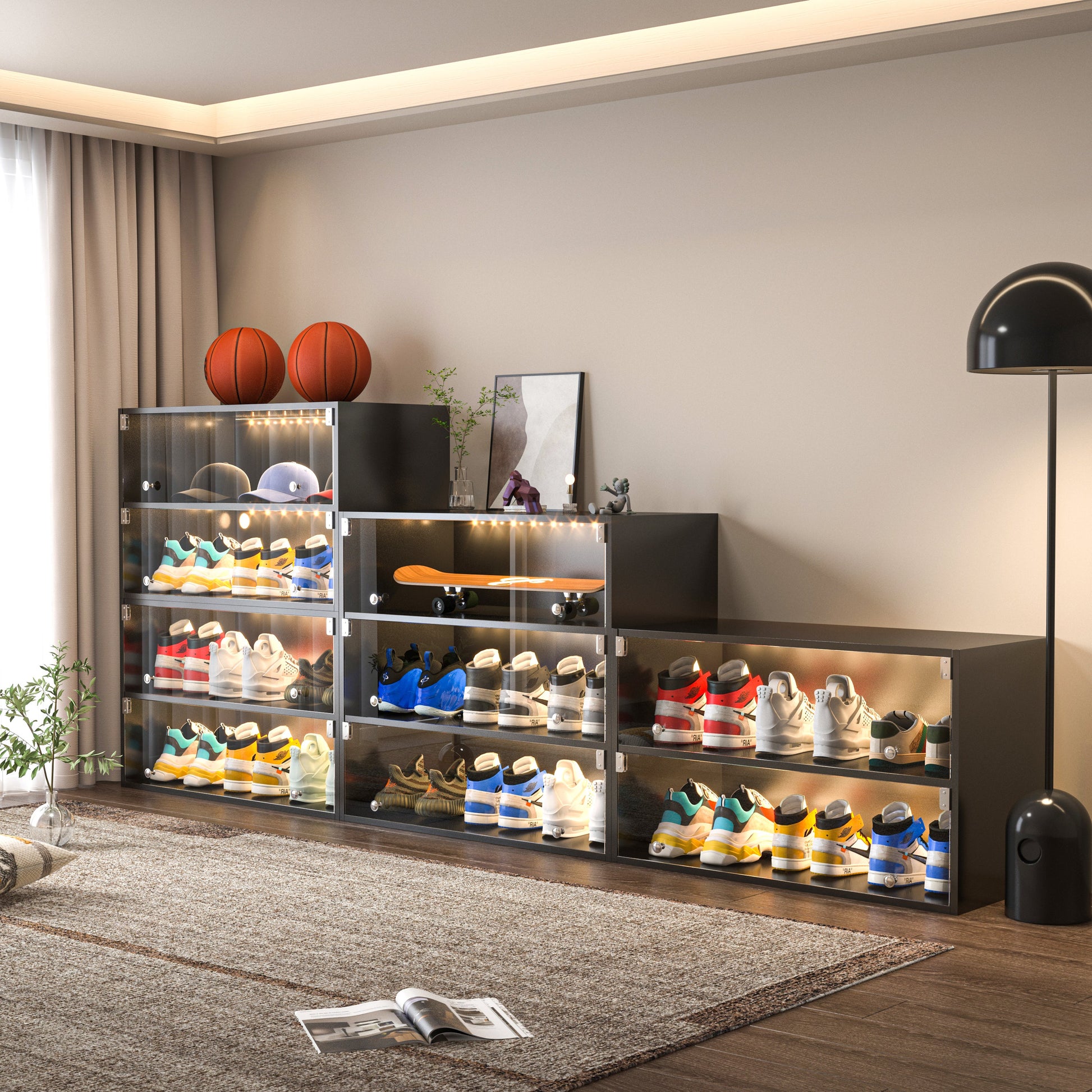 Black Glass Door Shoe Box Shoe Storage Cabinet For Sneakers With RGB Led Light - Korvel
