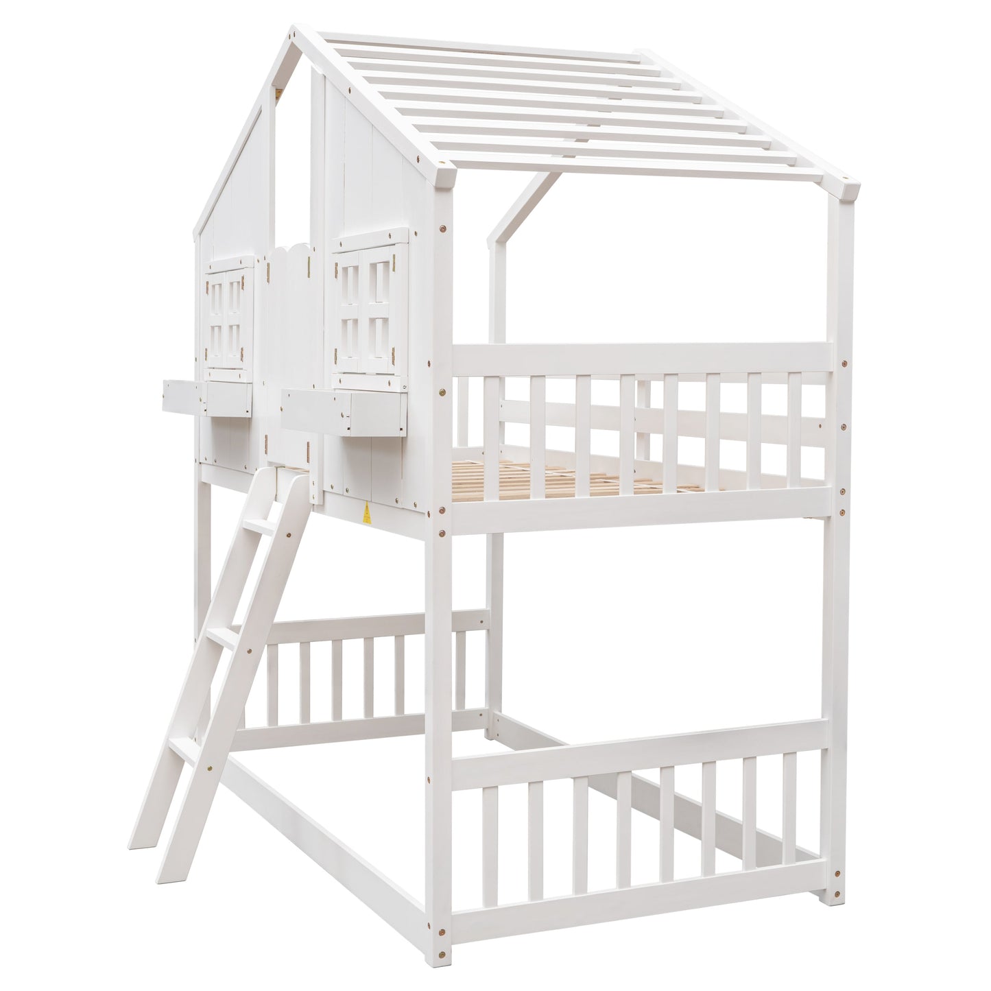 Twin over Twin House Bunk Bed with Roof , Window, Window Box, Door , with Safety Guardrails and Ladder,White - Korvel