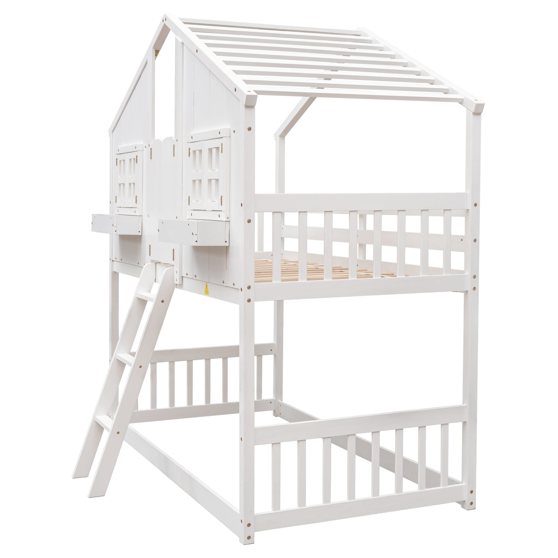 Twin over Twin House Bunk Bed with Roof , Window, Window Box, Door , with Safety Guardrails and Ladder,White - Korvel