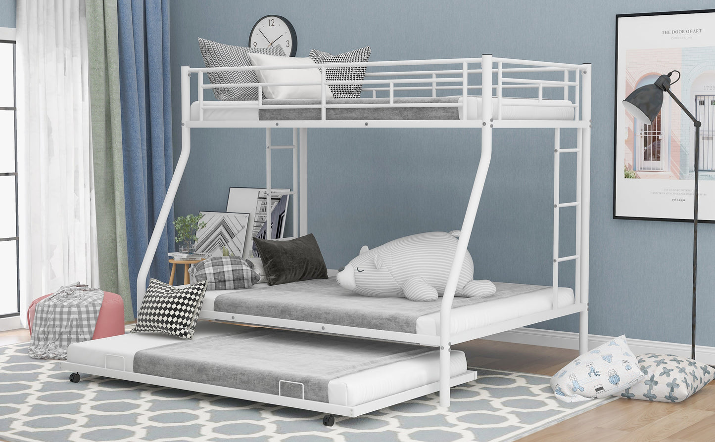Twin over Full Bunk Bed with Trundle and Steel Frame - White
