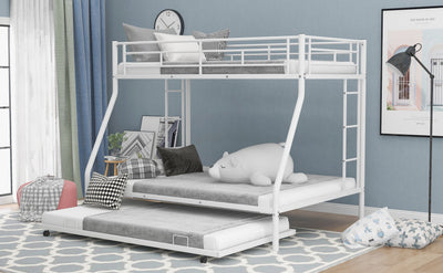 Twin over Full Bunk Bed with Trundle and Steel Frame - White