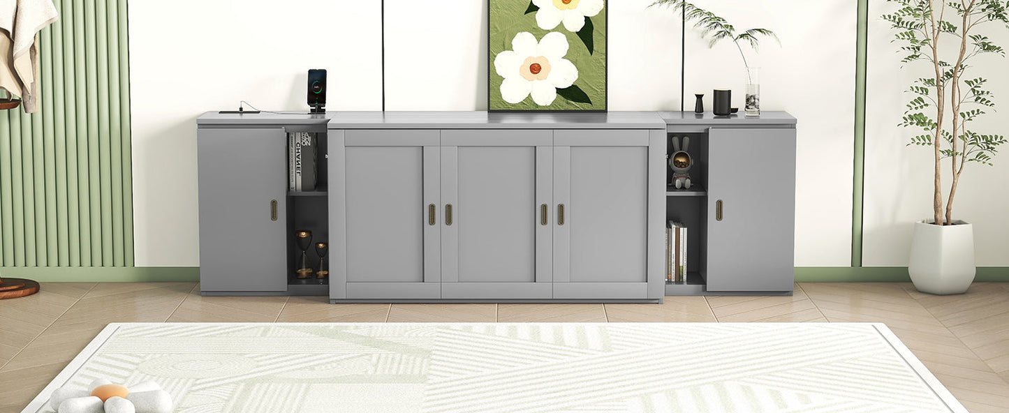 Queen Size Murphy Bed with Shelves, Cabinets and USB Ports,Gray - Korvel