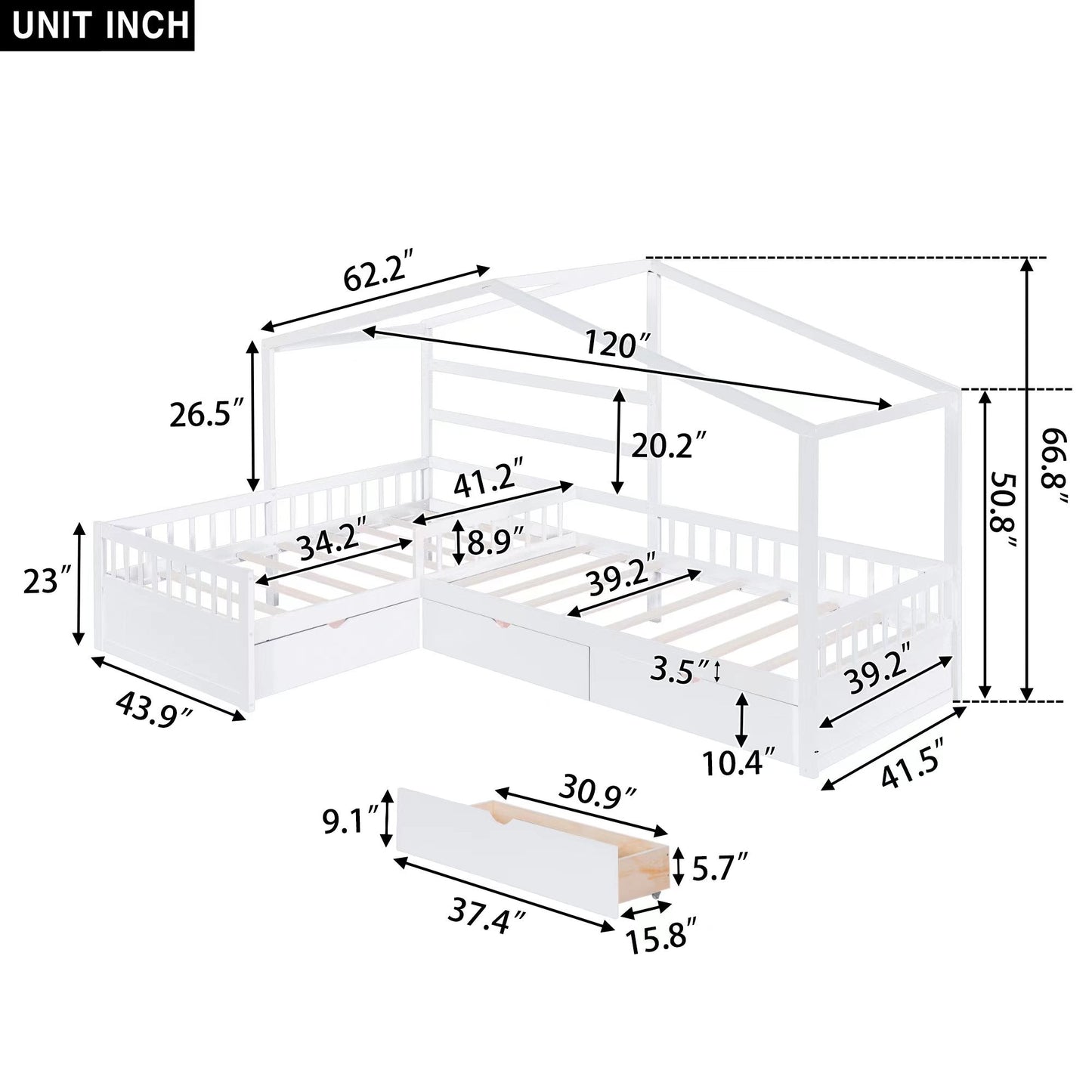 Twin Size House Platform Bed with Three Storage Drawers White - Korvel