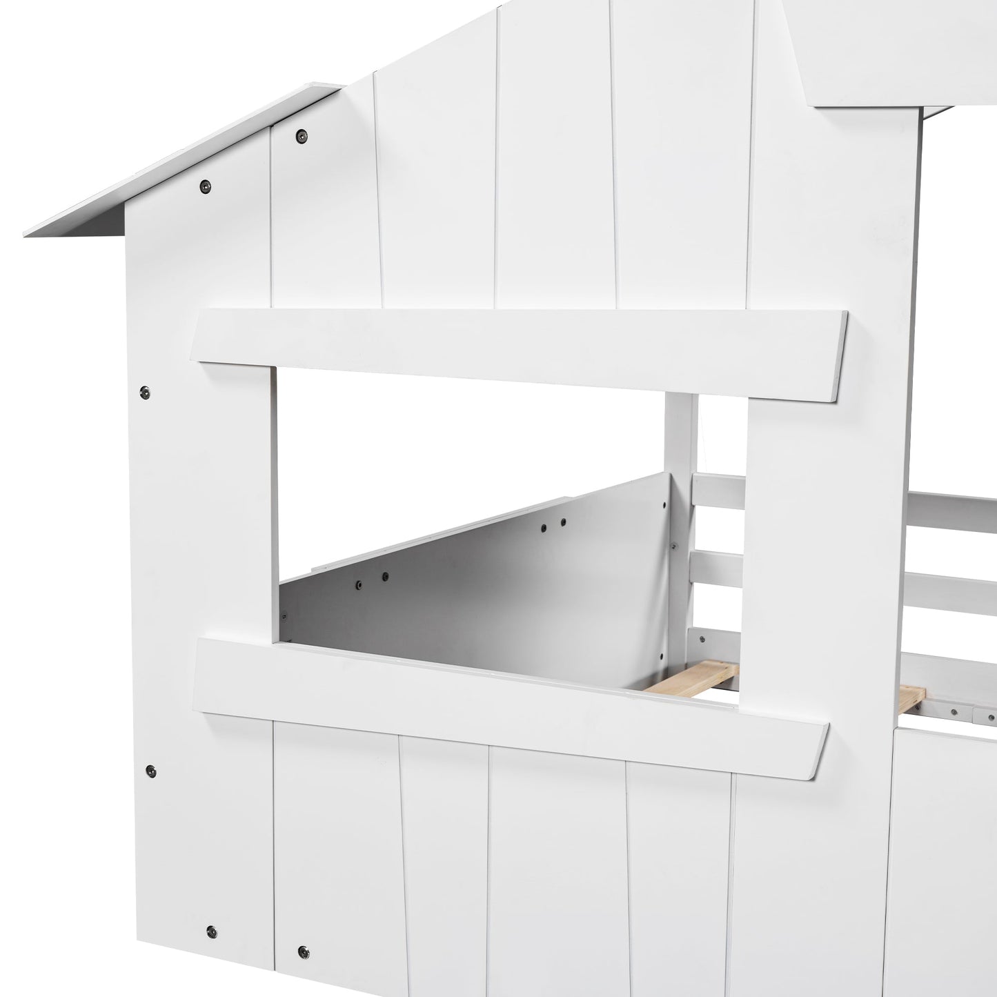 Wood Full Size House Bed with Roof, Window and Guardrail White - Korvel