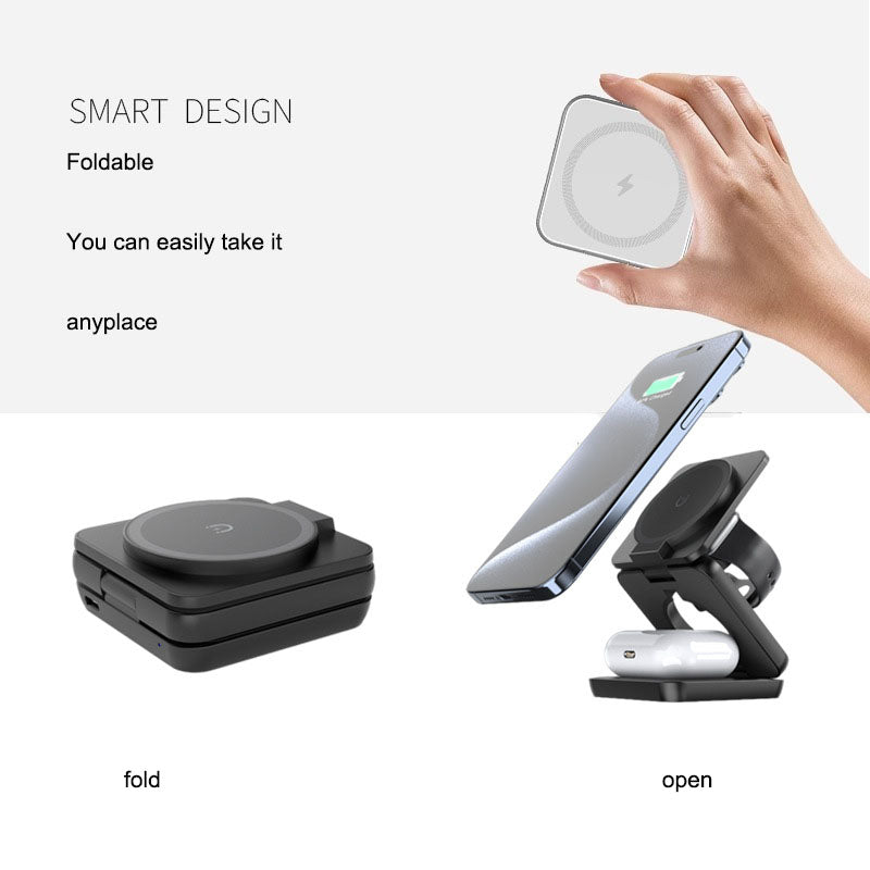 Three in one wireless charger with foldable magnetic suction suitable for iPhone wireless charging, phone holder desktop - Korvel
