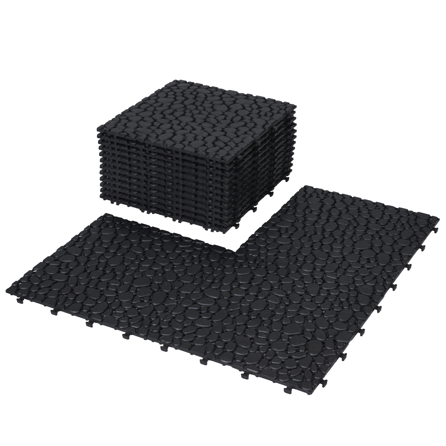 12 x 12 inch black interlocking deck tiles, plastic waterproofing, pebble pattern, pack of 12 - Korvel