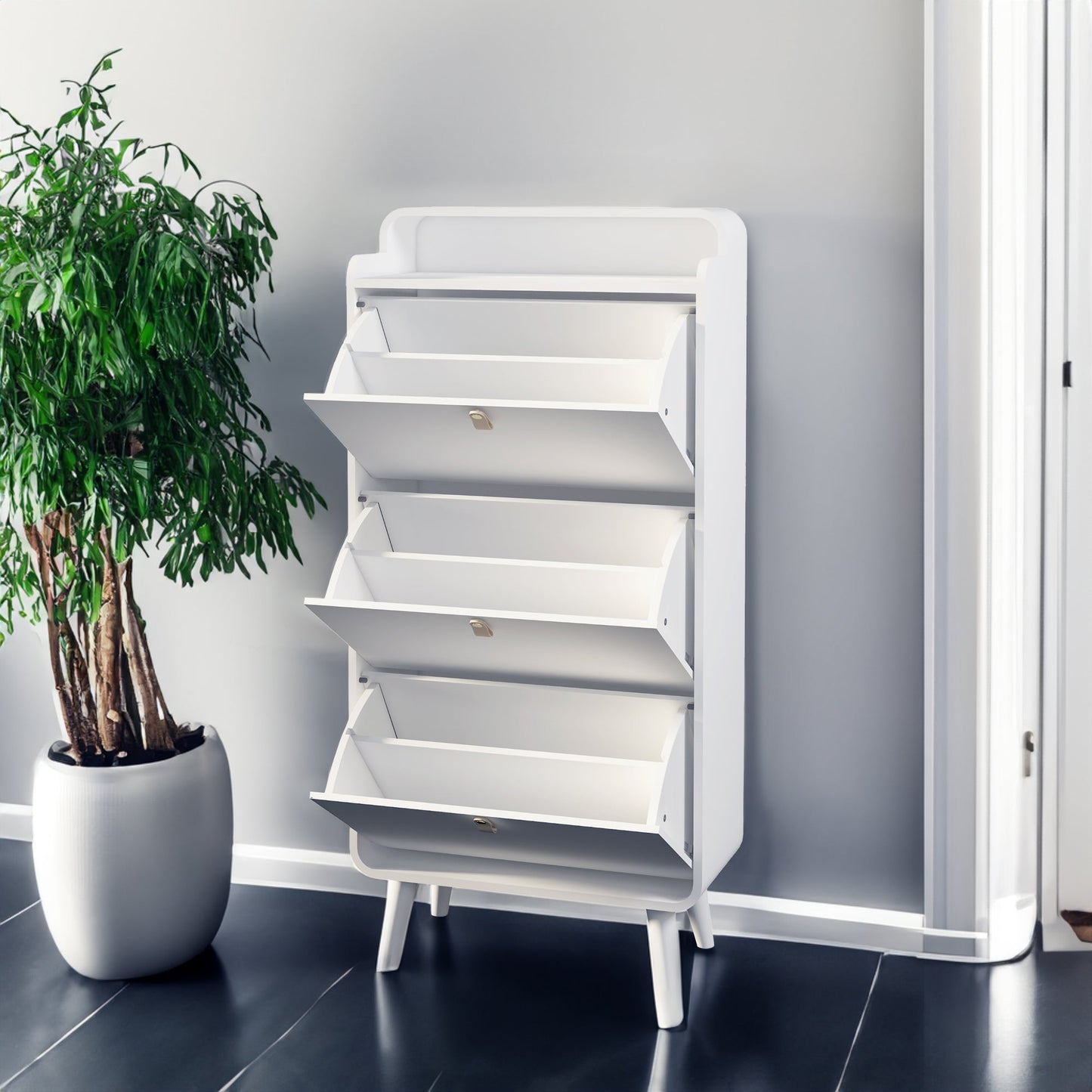 Modern Arc Design Shoe Cabinet With 3 Drawers,Shoe Storage Cabinet for Entryway,Outdoor,White Finish - Korvel