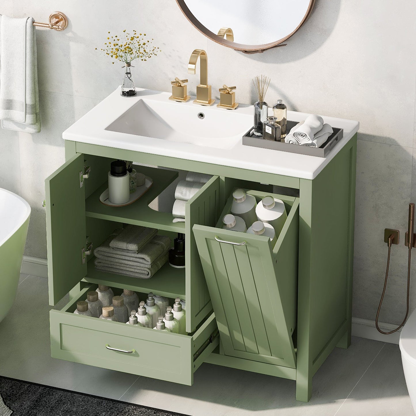 Meuble de salle de bain vert de 36" avec évier et rangement