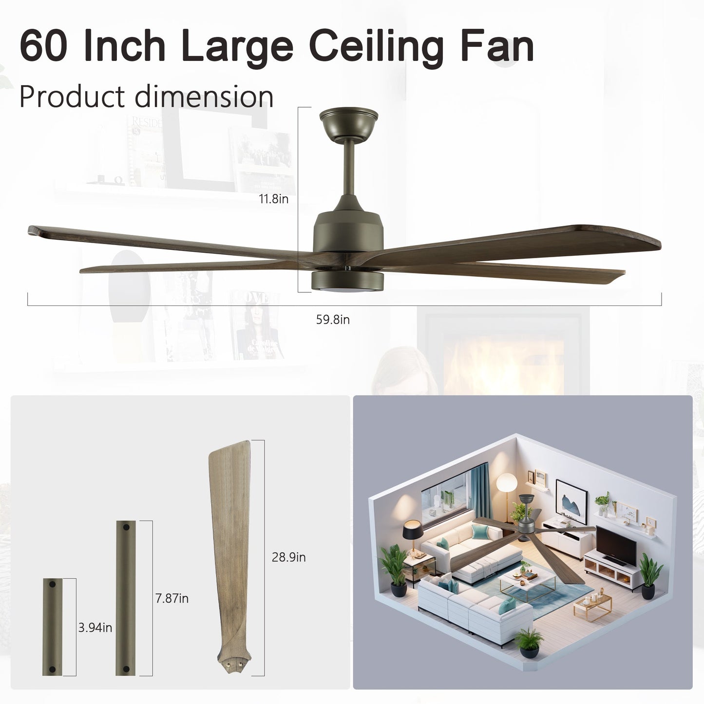 60 "modern wooden ceiling fan with lighting and remote control, 6-speed noiseless reversible DC motor ceiling fan - Korvel
