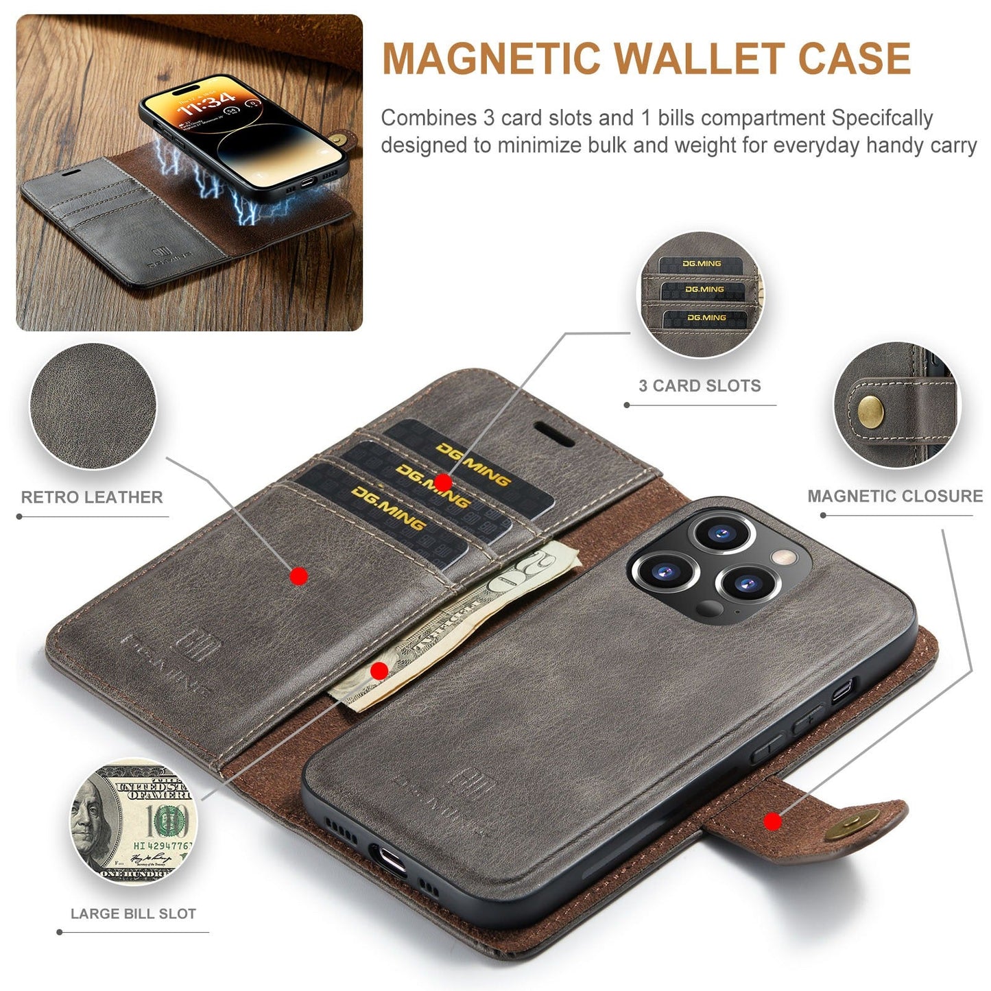 Coque de téléphone magnétique en cuir premium pour iPhone 14 Pro Max et 13 Pro Max