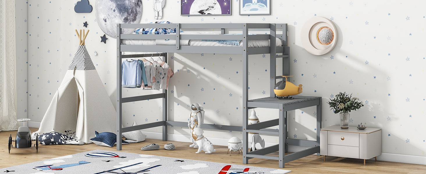 Twin High Loft Bed with Ladder landing Platform, Ladders, Guardrails,Grey - Korvel