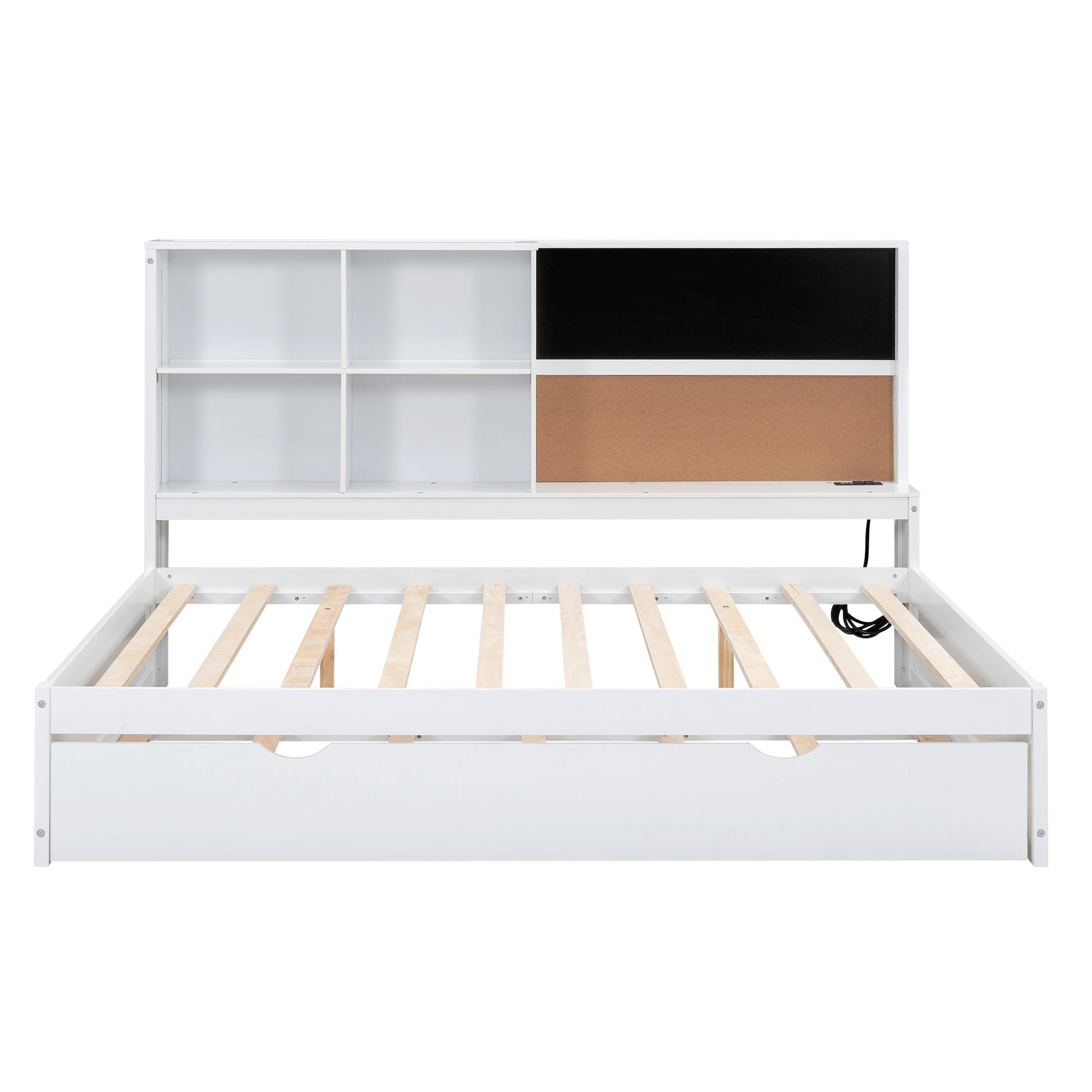 Full Size Daybed with Storage Shelves, Blackboard, Cork board, USB Ports and Twin Size Trundle  White - Korvel