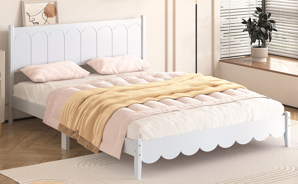 Queen Size Wood Platform Bed Frame, Retro Style Bed with Rectangular Headboard,No Need Box Spring,White - Korvel
