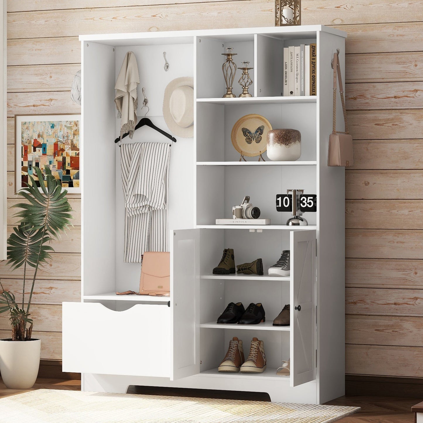 Multi-functional Hall Tree with Storage Shelves Drawers Cabinet Elegant Hallway Shoe Cabinet with Bench Modern Coat Rack White - Korvel
