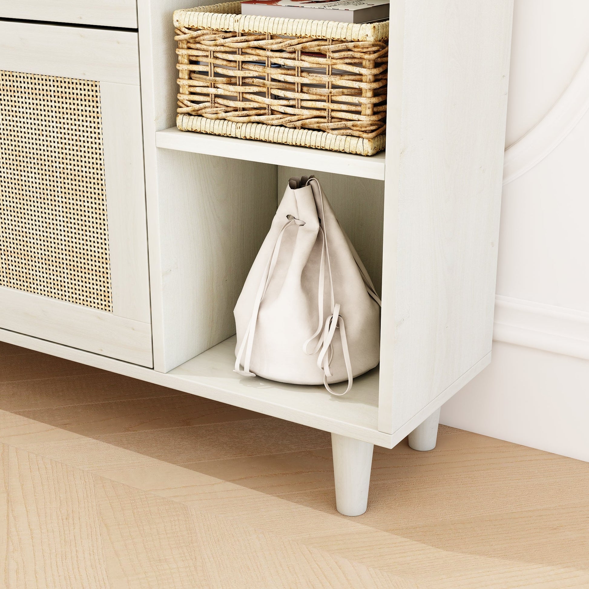 Natural Bohemian style shoe cabinet with 3 rattan flip drawers, 3 square shelves, and 1 storage drawer, white - Korvel