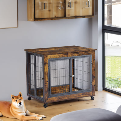 Furniture Style Dog Crate Side Table on Wheels with Double Doors and Lift Top. Rustic Brown, 31.50'' W x 22.05'' D x 25'' H. - Korvel