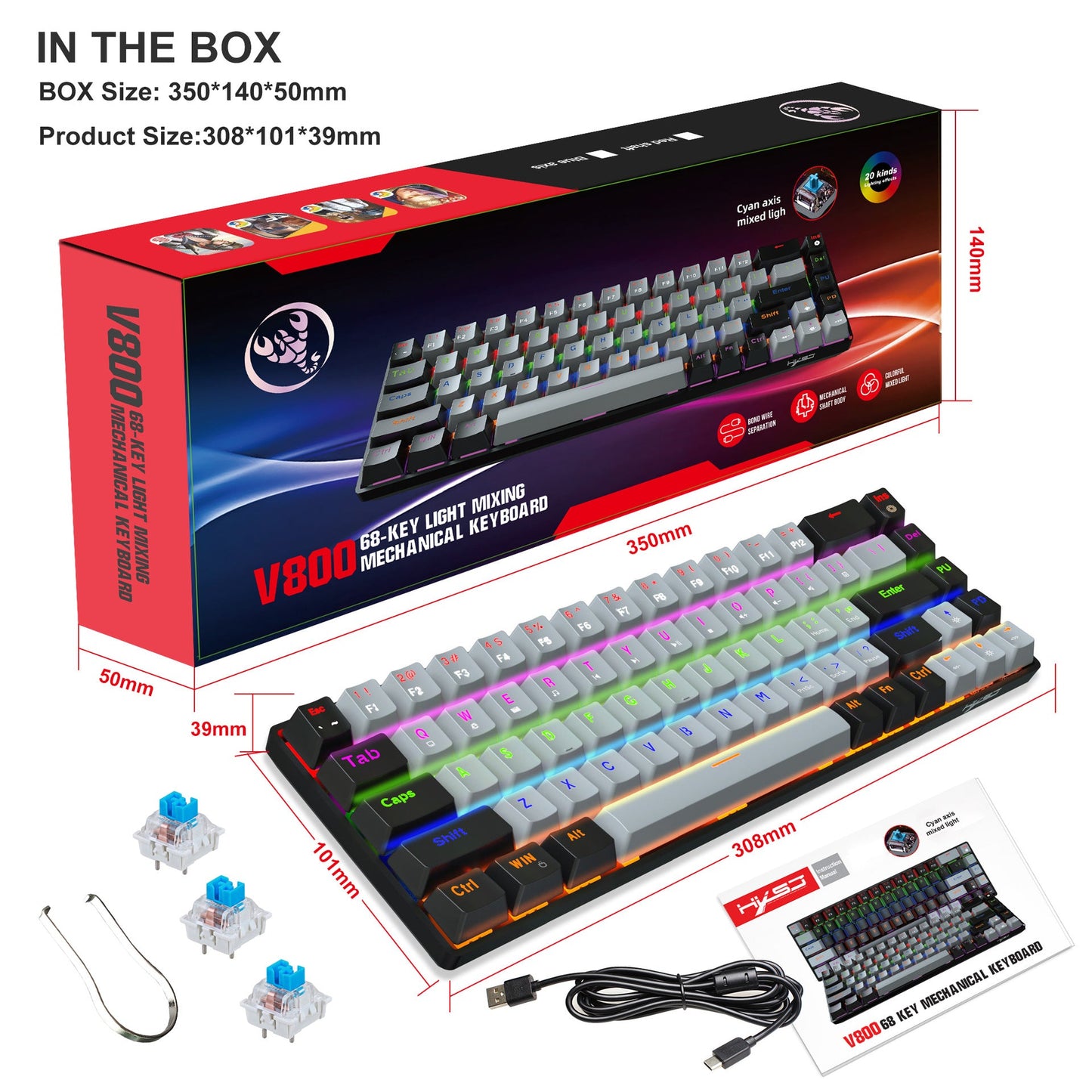 68 keys, 60% keyboard, customized color blocked keycaps, RGB mechanical keyboard, MINI set, plug-in blue axis ice blue disc - Korvel