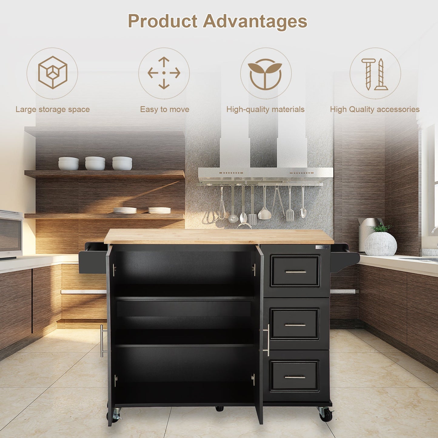 Kitchen Island & Kitchen Cart Mobile Kitehcn Island with Extensible Rubber Wood Table Top - Korvel