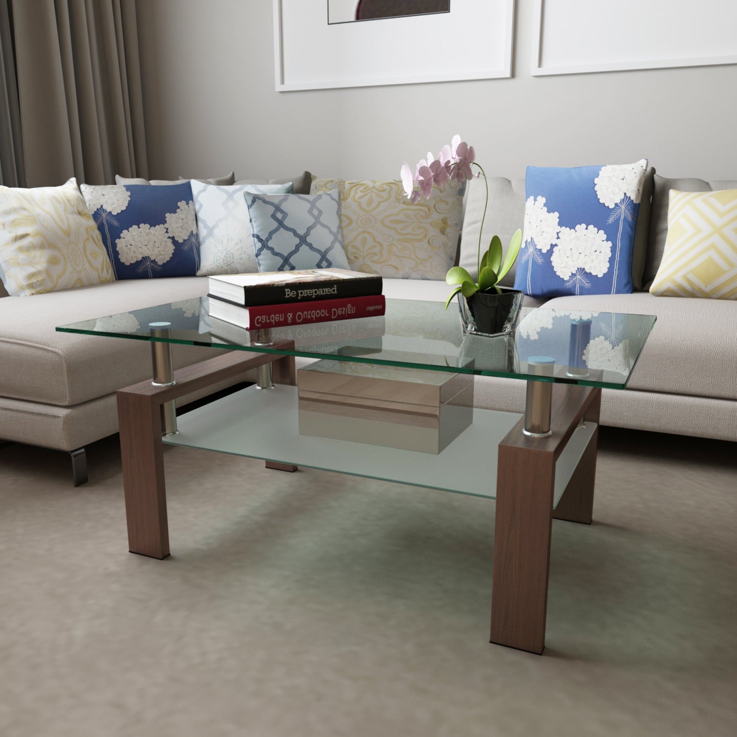 Rectangle Walnut Glass Coffee Table, Clear Coffee Table, Modern Side Center Tables for Living Room, Living Room Furniture - Korvel
