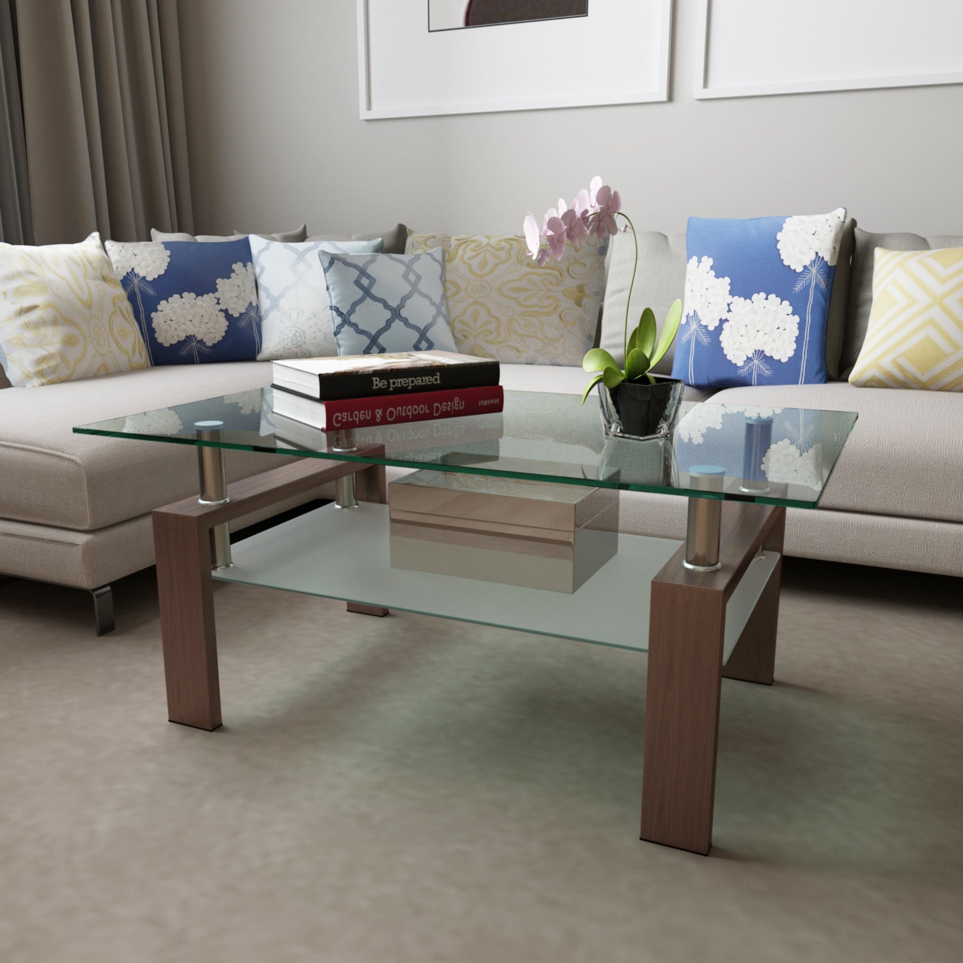 Rectangle Walnut Glass Coffee Table, Clear Coffee Table, Modern Side Center Tables for Living Room, Living Room Furniture - Korvel