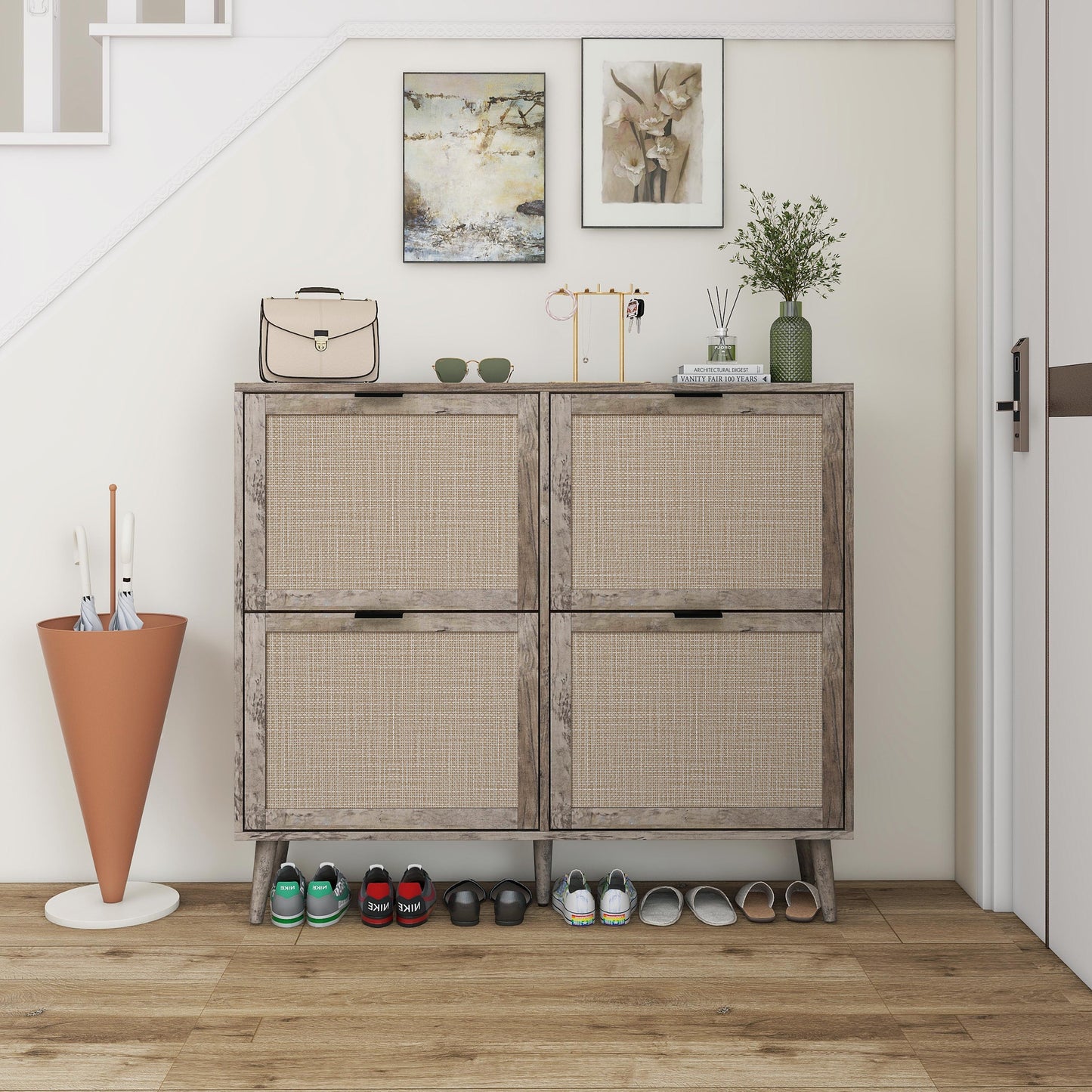4 Door Shoe Rack, Freestanding Modern Shoe Storage Cabinet, for Entryway - Korvel