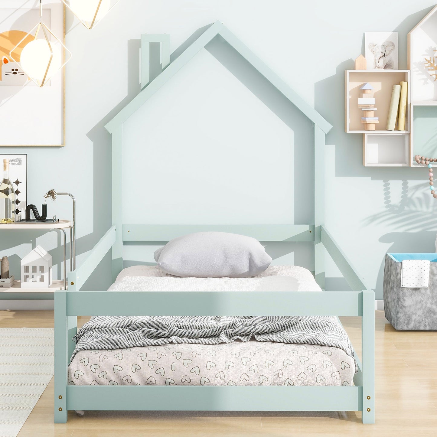 Twin Size Wood Bed with House-Shaped Headboard in Light Green