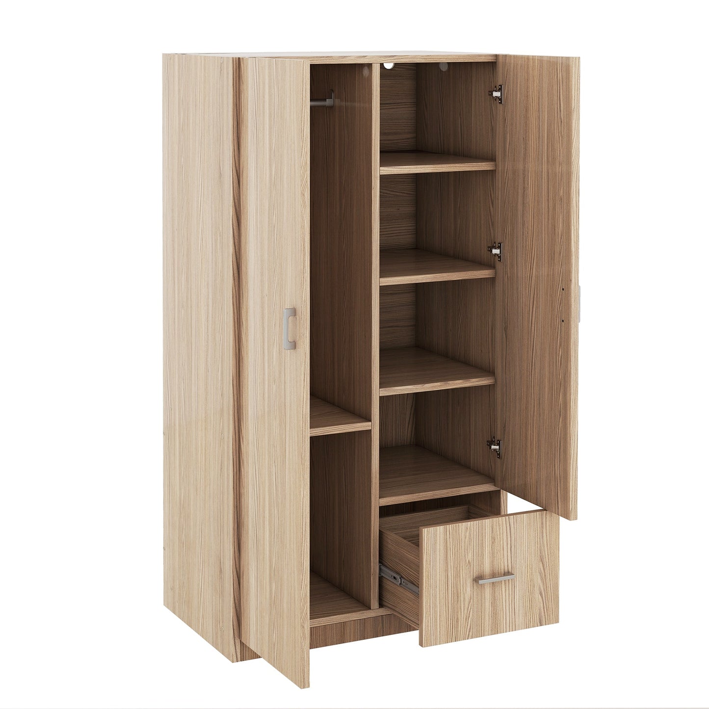 Wooden Wardrobe with Double Doors, Armoire with Hanging Rod, 5 Fixed Shelves, One Storage Drawer,Natural - Korvel