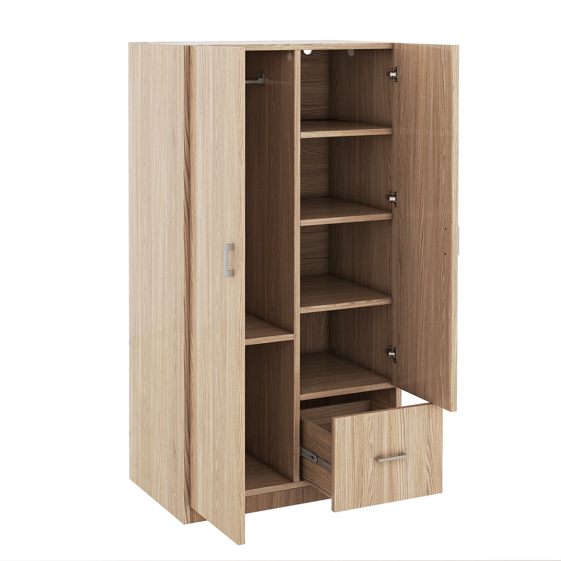 Wooden Wardrobe with Double Doors, Armoire with Hanging Rod, 5 Fixed Shelves, One Storage Drawer,Natural - Korvel