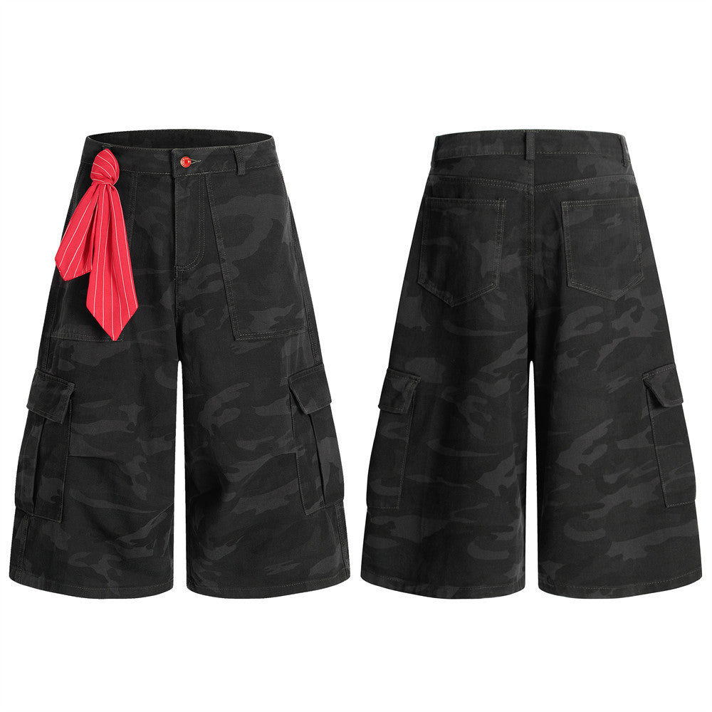 American Retro Camouflage Denim Seven-Quarter Shorts for Men, Loose Wide-Leg Multi-Pocket Design Workwear Five-Quarter Pants Trendy - Korvel