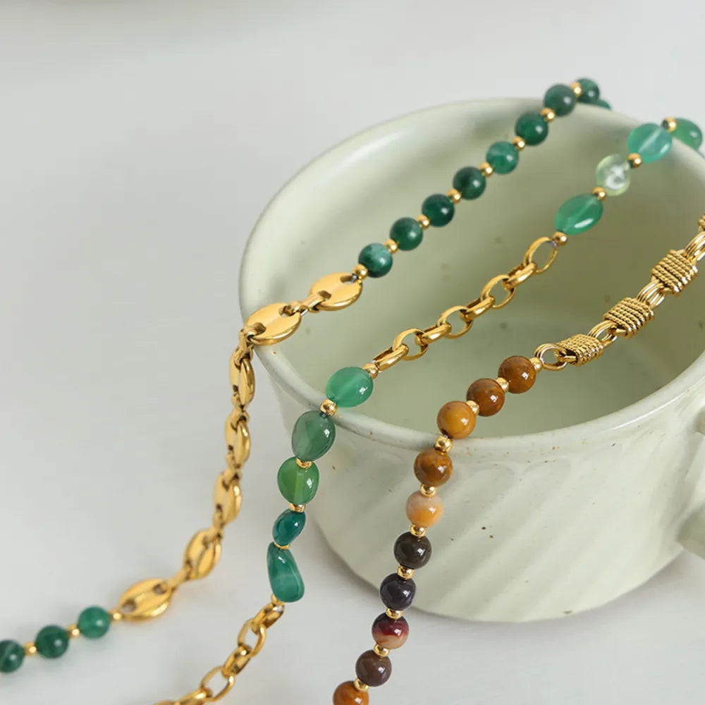 Collier en Chaîne de Perles d'Agate Élégant en Acier Titane Plaqué Or