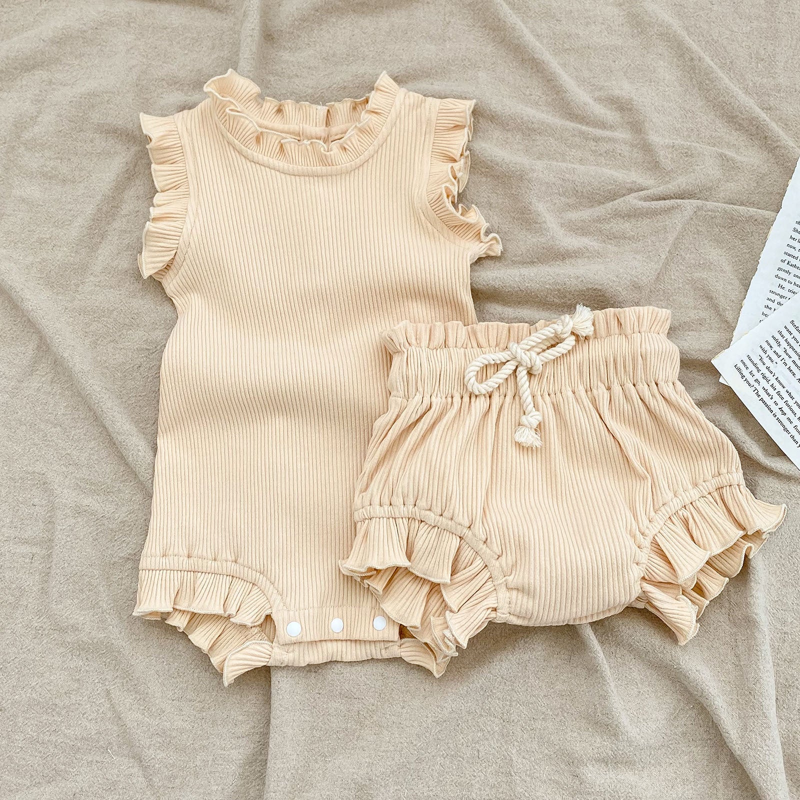 Baby Pit Thread Crawling Clothes Spring/Summer Wooden Ear Edge Girls' Harper+Drawstring Big PP Pants Set - Korvel