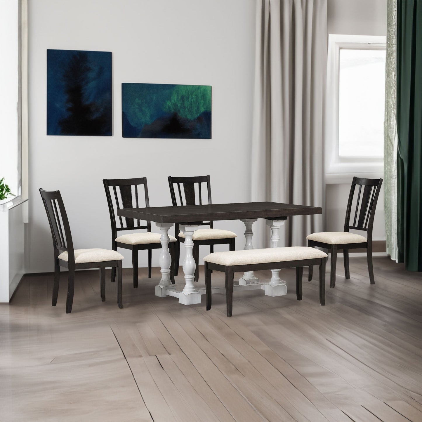 Traditional 6-Piece 78inch Trestle Extendable Dining Table Set with One 18inch Removable Leaf Distressed White - Korvel