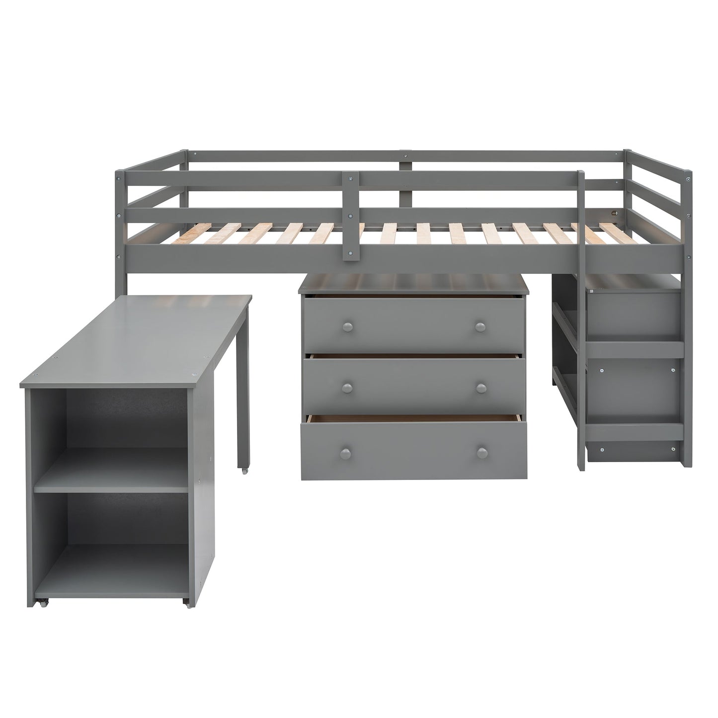 Low Study Twin Loft Bed with Cabinet and Rolling Portable Desk - Gray (OLD SKU :LP000113AAE) - Korvel