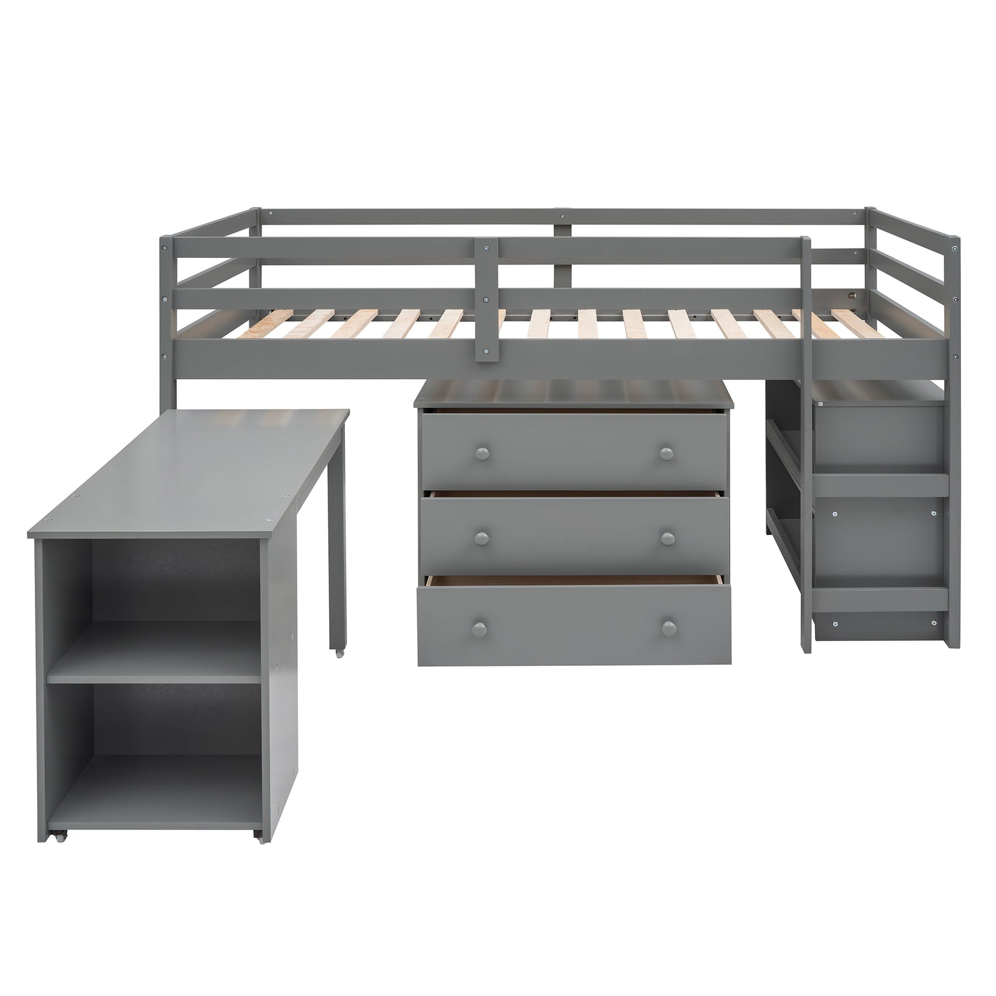 Low Study Twin Loft Bed with Cabinet and Rolling Portable Desk - Gray (OLD SKU :LP000113AAE) - Korvel