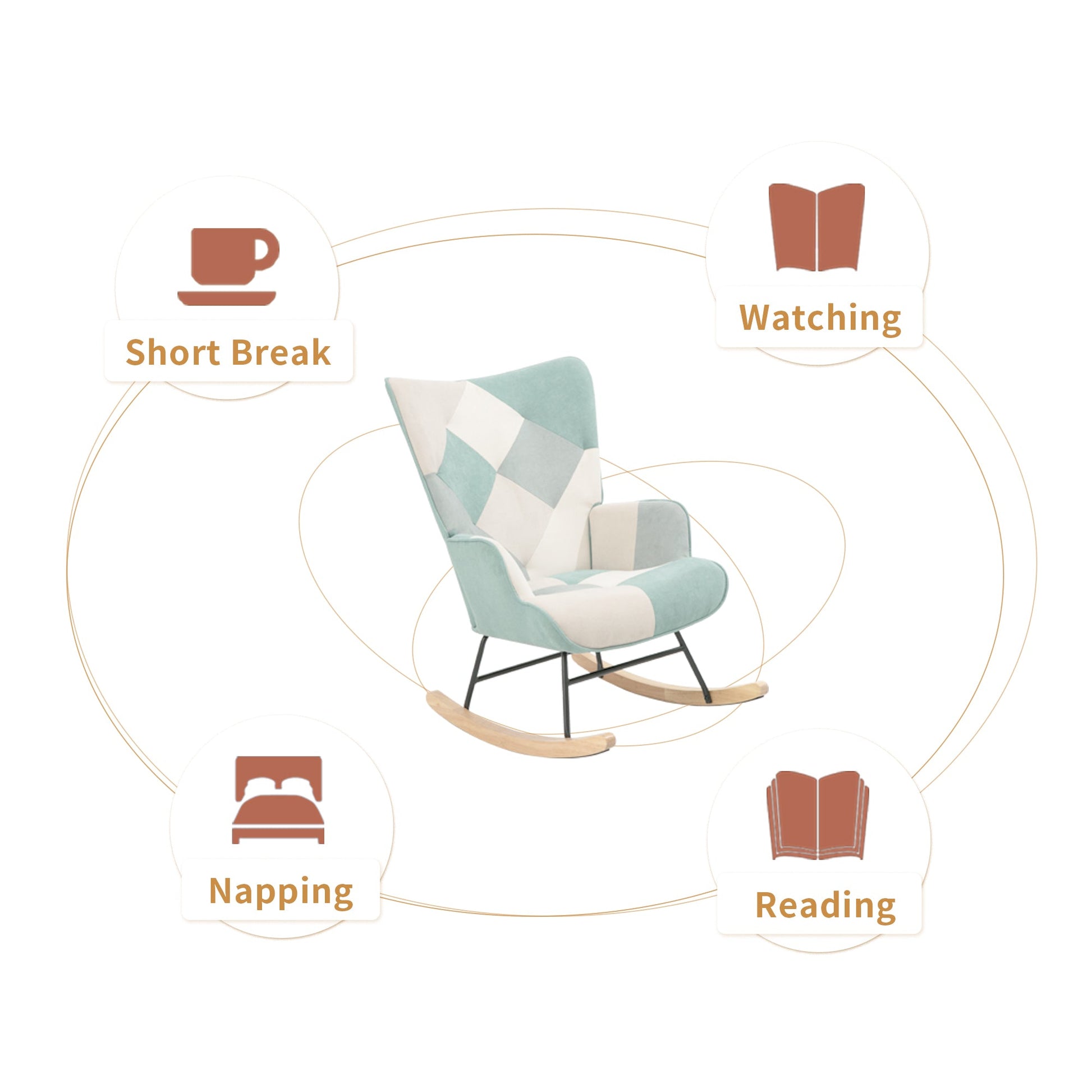 Rocking Chair with ottoman, Mid Century Fabric Rocker Chair with Wood Legs and Patchwork Linen for Livingroom Bedroom - Korvel