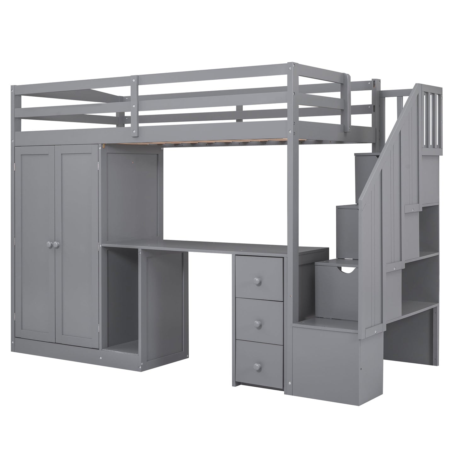 Cama loft tamaño twin con armario y almacenamiento en gris