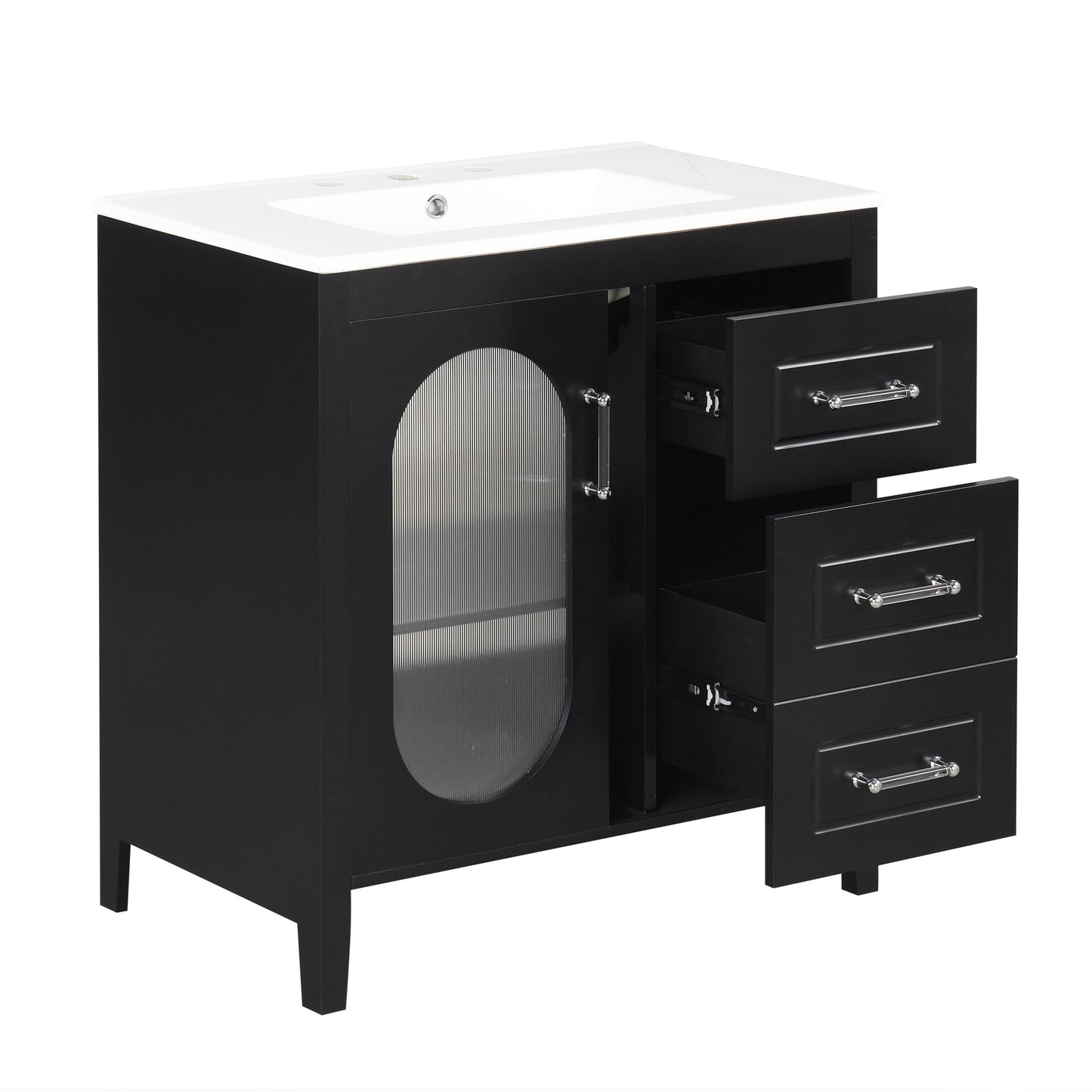 30" Bathroom Vanity with Sink, Bathroom Vanity Cabinet with Two Drawers and Door, Adjustable Shelf, Solid Wood and MDF, Black - Korvel
