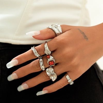 Fashionable Joint Ring Set Hip Hop Metallic Fold Set with Gemstone Rings - Korvel