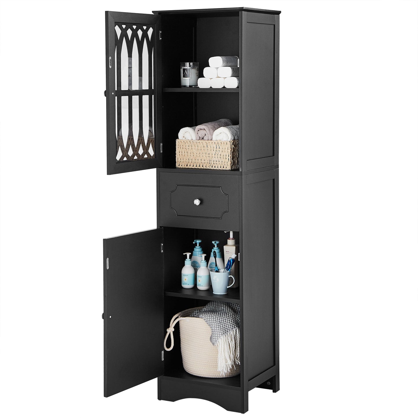Tall Bathroom Cabinet, Freestanding Storage Cabinet with Drawer and Doors, MDF Board, Acrylic Door, Adjustable Shelf, Black - Korvel