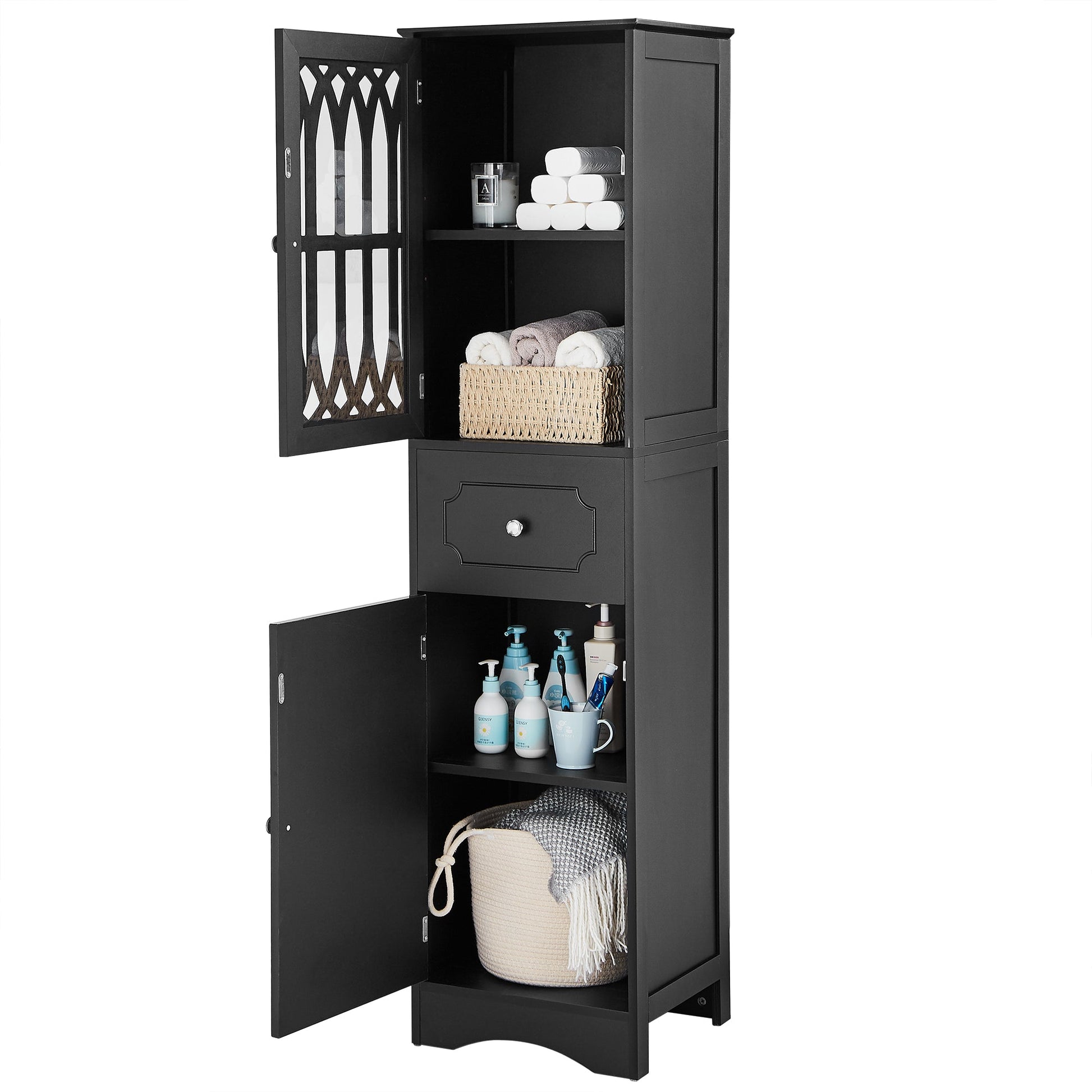 Tall Bathroom Cabinet, Freestanding Storage Cabinet with Drawer and Doors, MDF Board, Acrylic Door, Adjustable Shelf, Black - Korvel