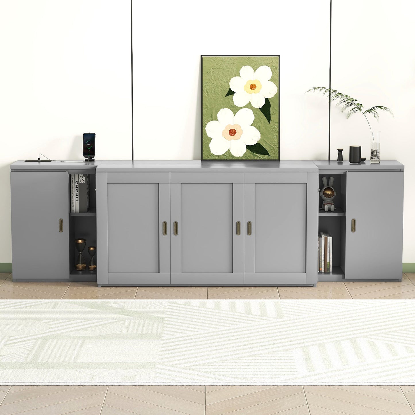 Queen Size Murphy Bed with Shelves, Cabinets and USB Ports,Gray - Korvel
