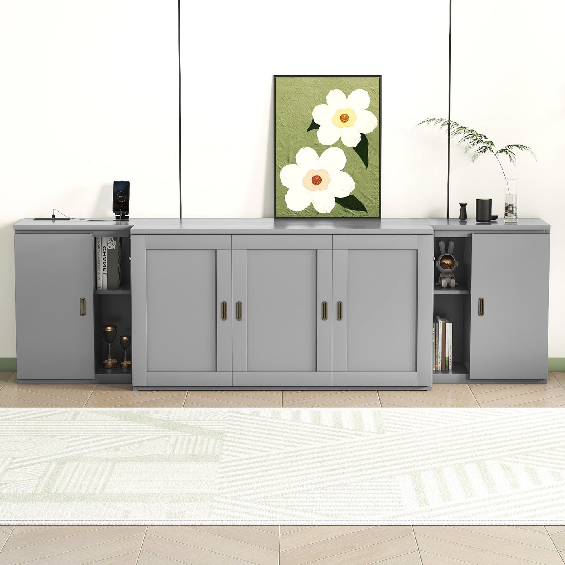 Queen Size Murphy Bed with Shelves, Cabinets and USB Ports,Gray - Korvel