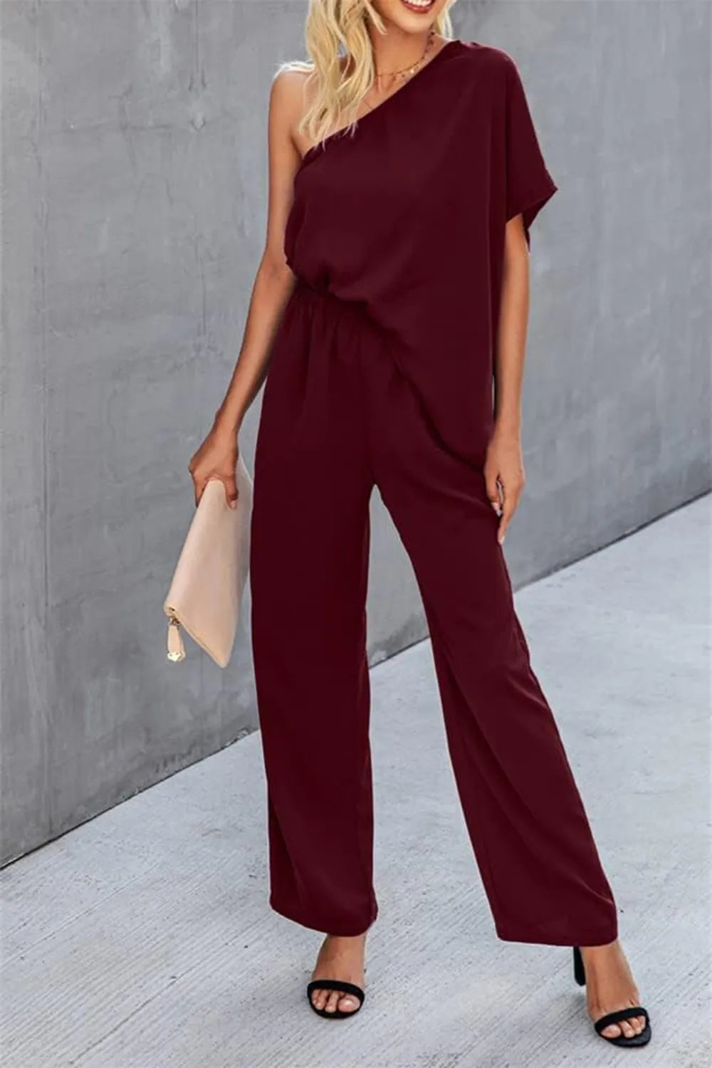 Single Shoulder Short Sleeve Jumpsuit - Korvel