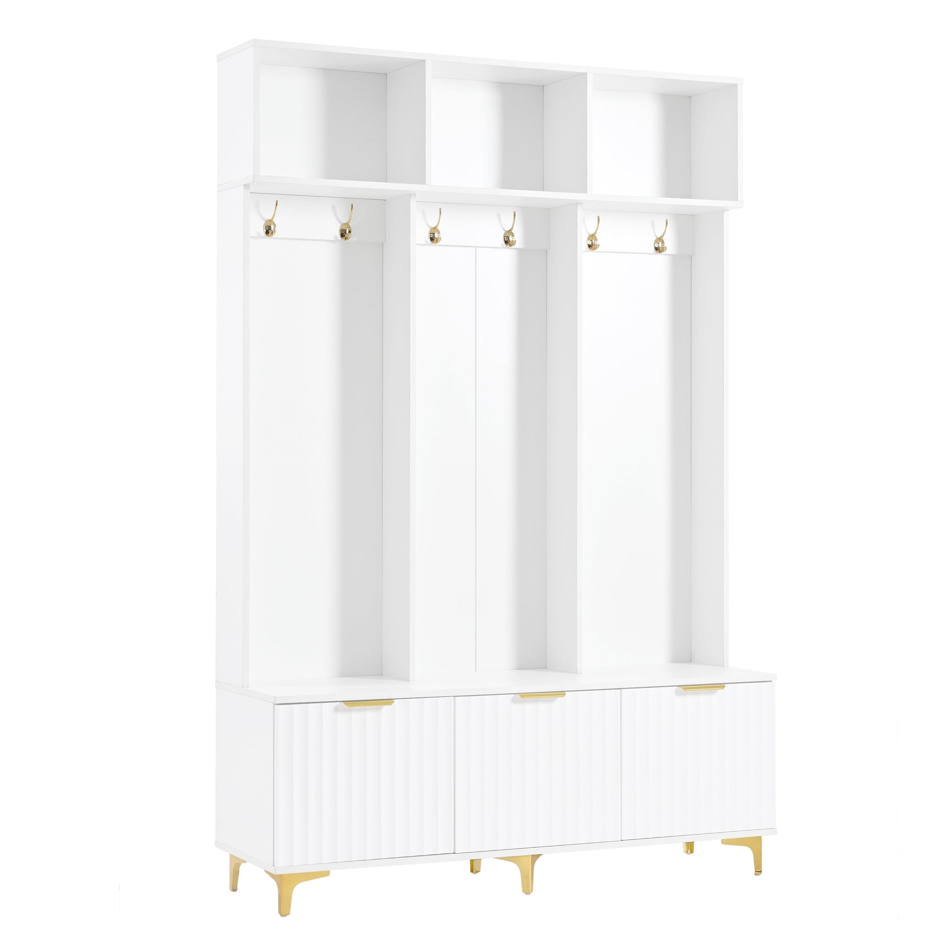 Large storage hall tree with bench, multifunctional storage platform, luxury clothes hanger equipped with 6 gold hooks - Korvel